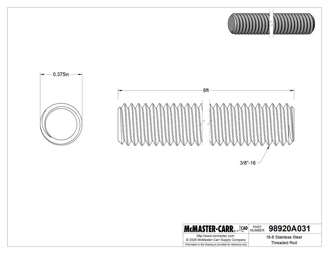 Technical Drawing of 18-8 Stainless Steel Threaded Rod, 3/8"-16 Thread Size, 6 Feet Long.